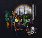 Isolation Years (self-portrait in the studio) 31 x 35 cm, hand embroidery / thread painting, 2023 (Gösta Serlachius Art Collection)